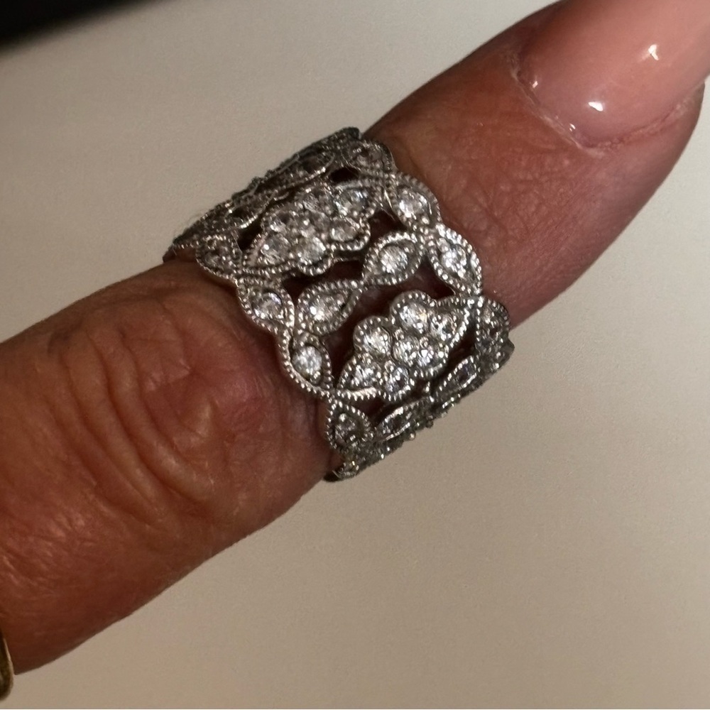 Sterling Silver Wide Solid Ring With Cz Rhineston… - image 5